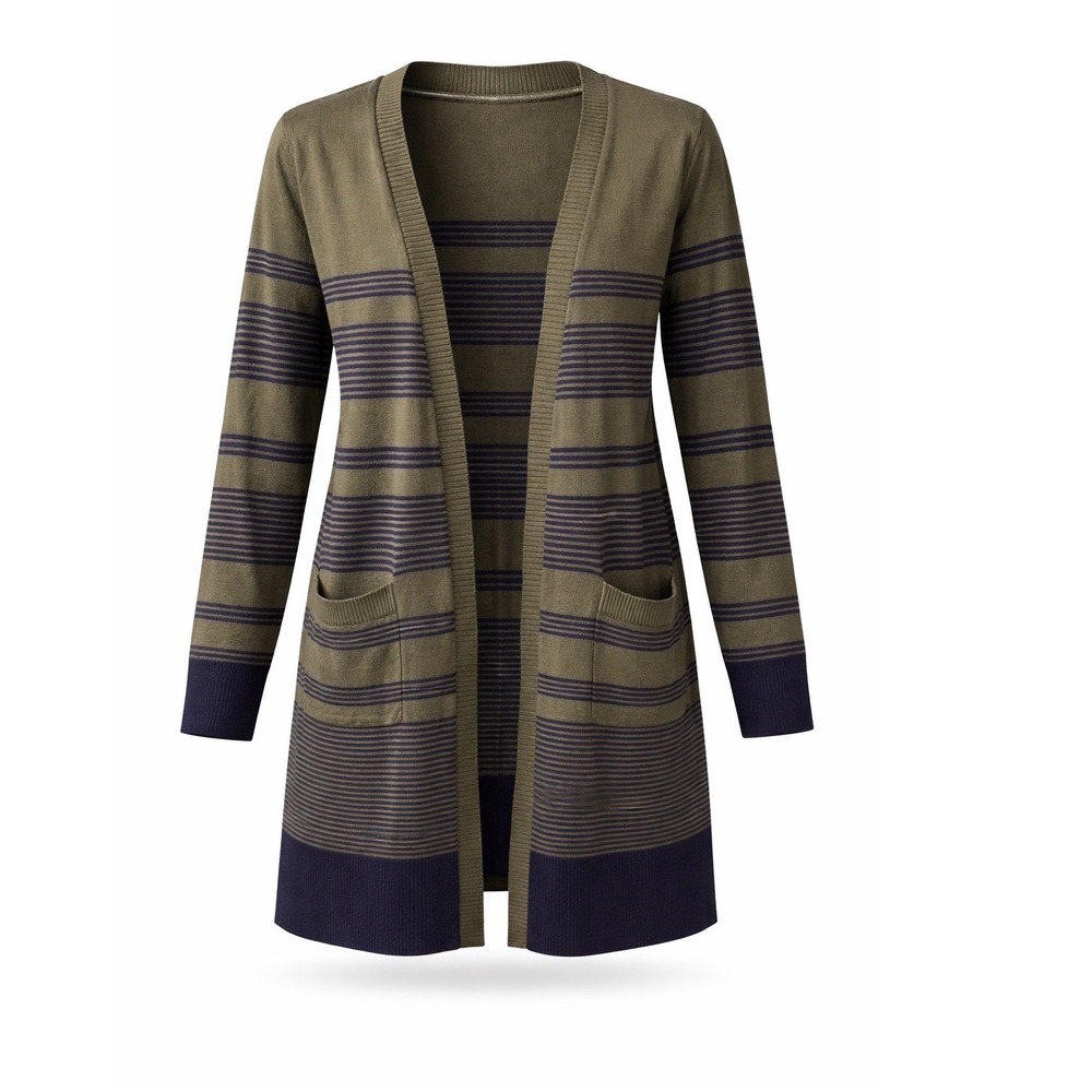 Talbots Open Cardigan Sweater Womens L Olive Navy Striped Pima Cotton Pockets